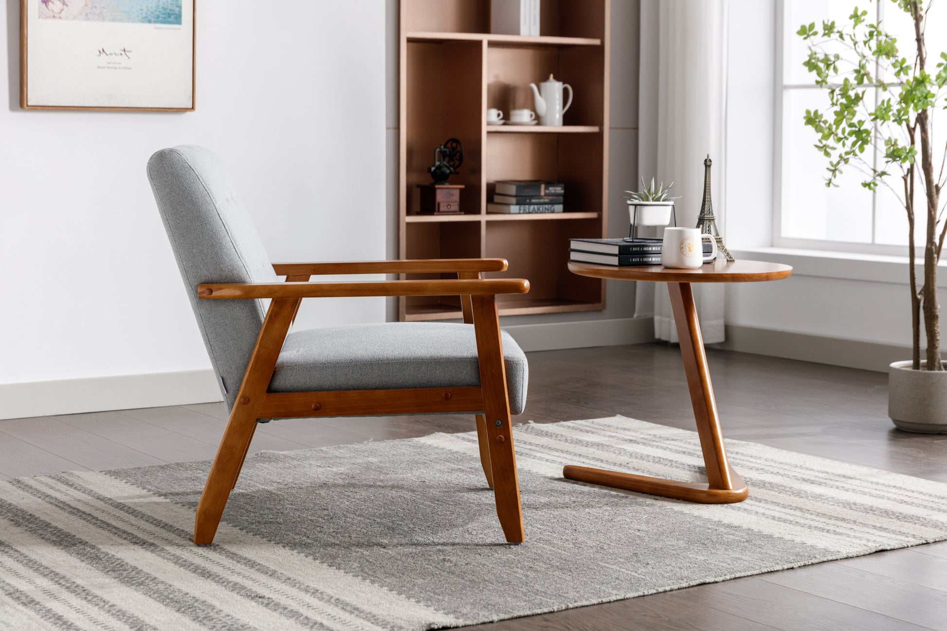 Leisure Chair With Solid Wood Armrest And Feet, Mid Century Modern Accent Chair, For Living Room Bedroom Studio Chair Light Gray Linen