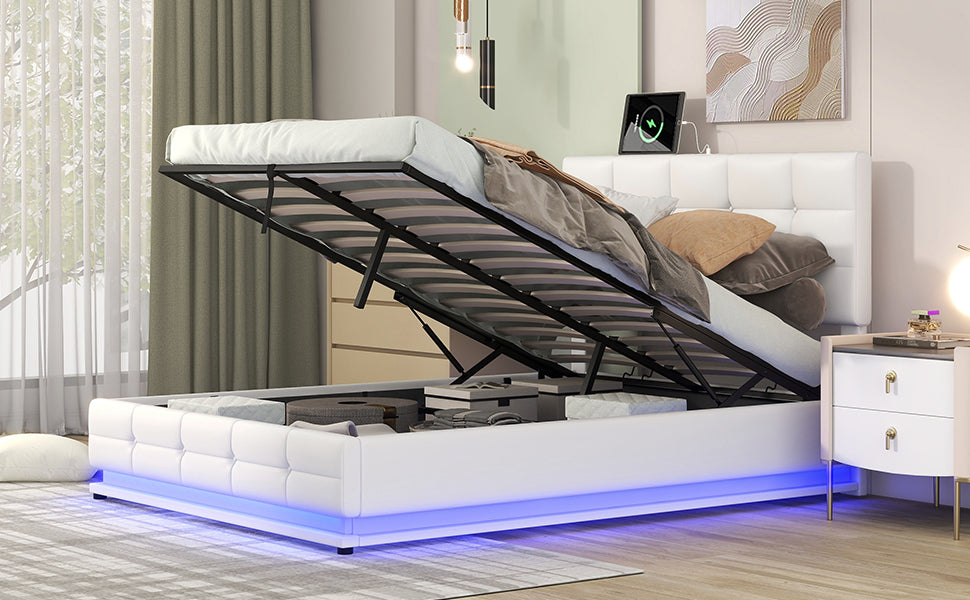 Full Size Tufted Upholstered Platform Bed With Hydraulic Storage System,Pu Storage Bed With Led Lights And Usb Charger, White Expected Arrival Time: 5.15,At White Pu