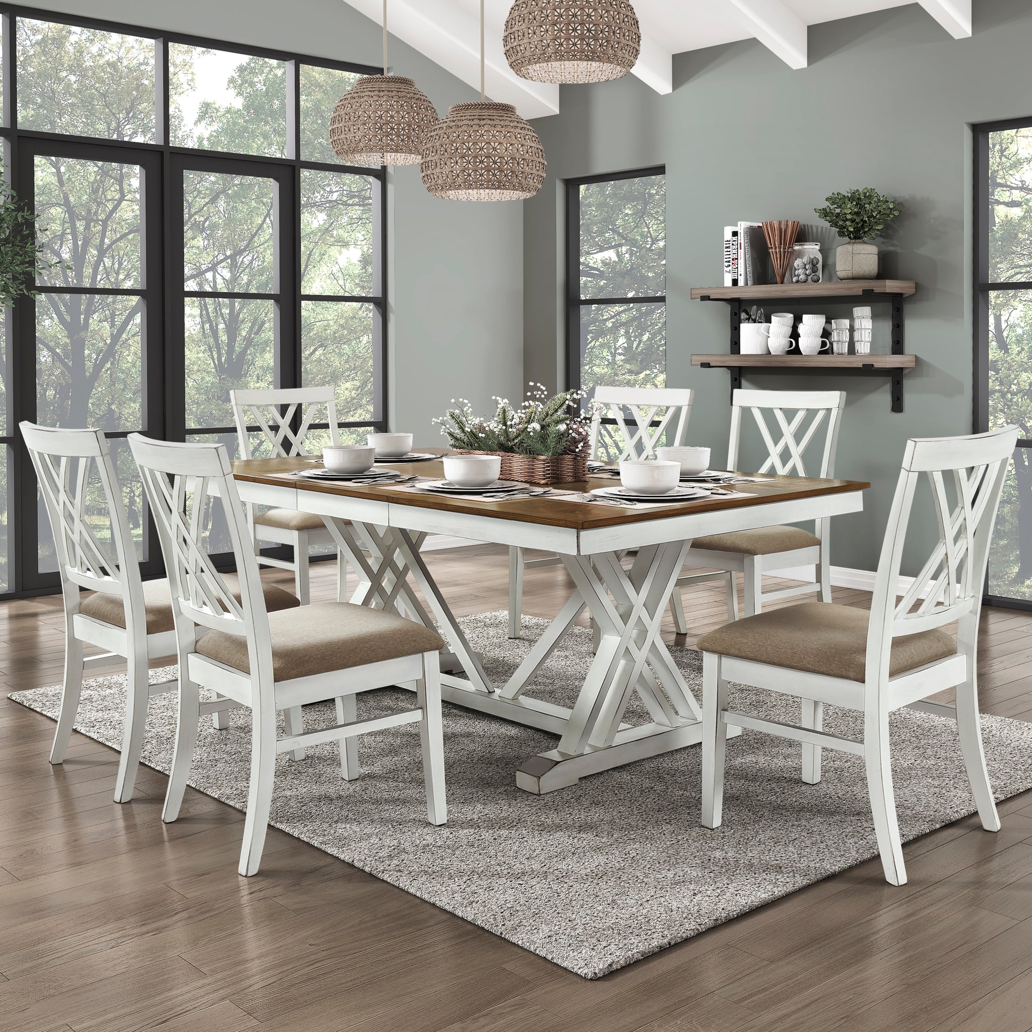 Modern Style White And Oak Finish 7Pc Dining Set Table W Extension Leaf 6X Side Chairs Upholstered Seat Charming Traditional Dining Room Furniture Wood Wood Multicolor Seats 6 Wood Dining Room Extendable Modern Rectangular Dining Table With Chair Wood