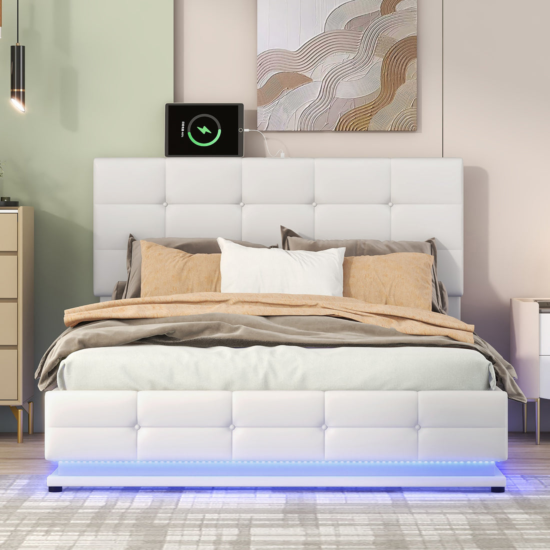 Full Size Tufted Upholstered Platform Bed With Hydraulic Storage System,Pu Storage Bed With Led Lights And Usb Charger, White Expected Arrival Time: 5.15,At White Pu