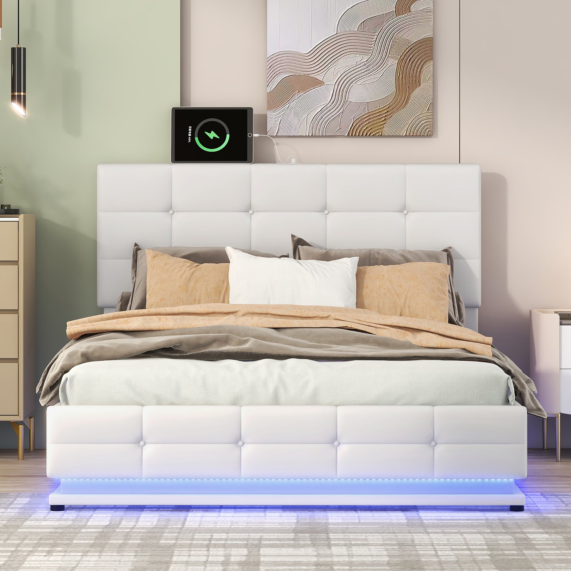 Full Size Tufted Upholstered Platform Bed With Hydraulic Storage System,Pu Storage Bed With Led Lights And Usb Charger, White Expected Arrival Time: 5.15,At White Pu