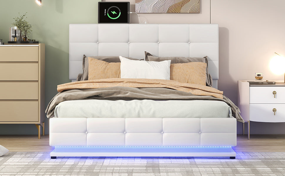 Full Size Tufted Upholstered Platform Bed With Hydraulic Storage System,Pu Storage Bed With Led Lights And Usb Charger, White Expected Arrival Time: 5.15,At White Pu