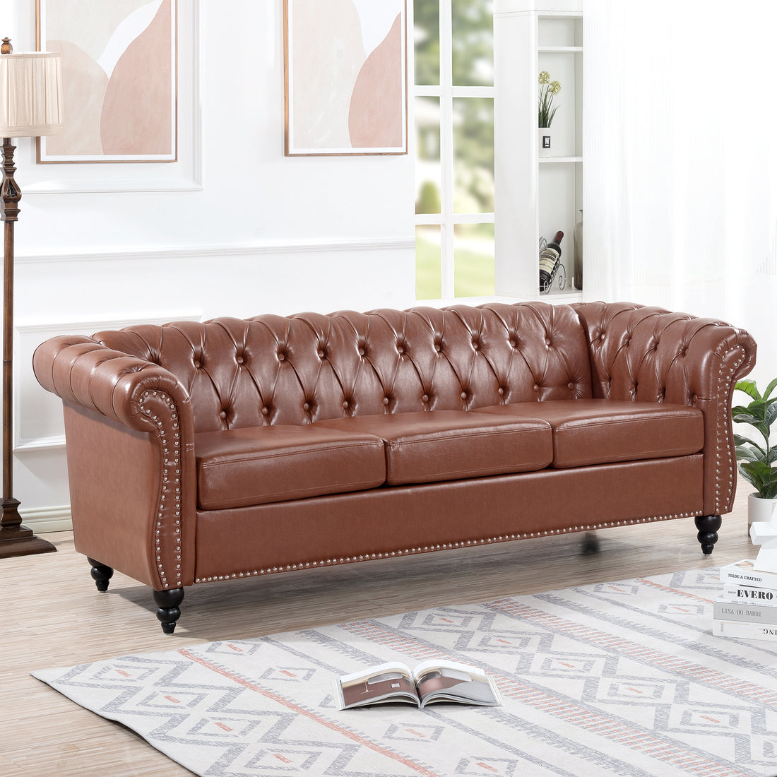 84.65"Brown Pu Rolled Arm Chesterfield Three Seater Sofa. Brown Foam Pu