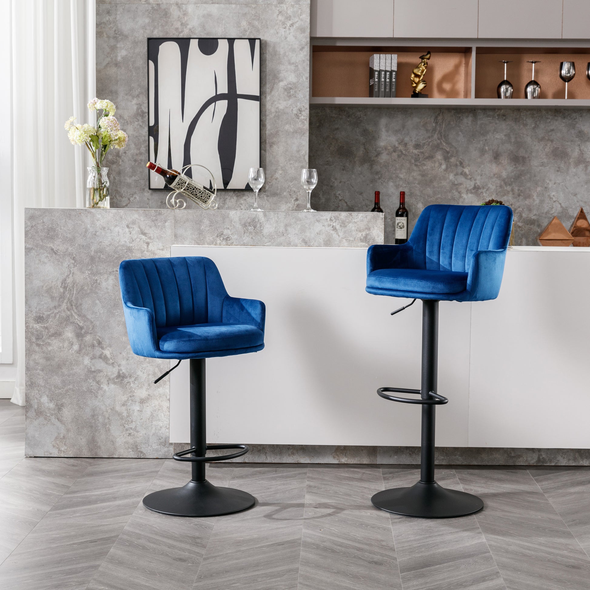 Bar Stools Set Of 2 Adjustable Barstools With Back And Footrest, Counter Height Bar Chairs For Kitchen, Pub Blue Blue Foam Fabric