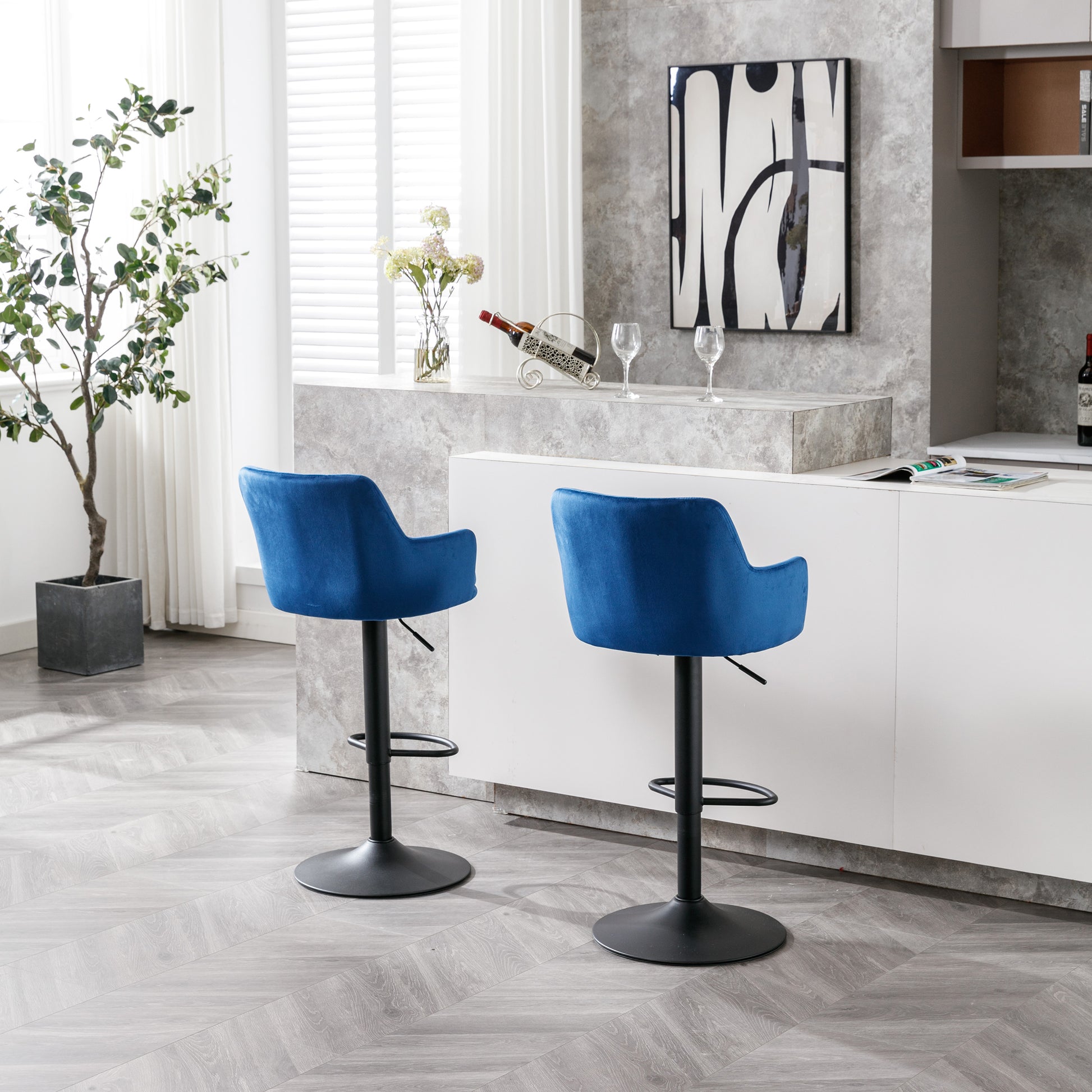 Bar Stools Set Of 2 Adjustable Barstools With Back And Footrest, Counter Height Bar Chairs For Kitchen, Pub Blue Blue Foam Fabric