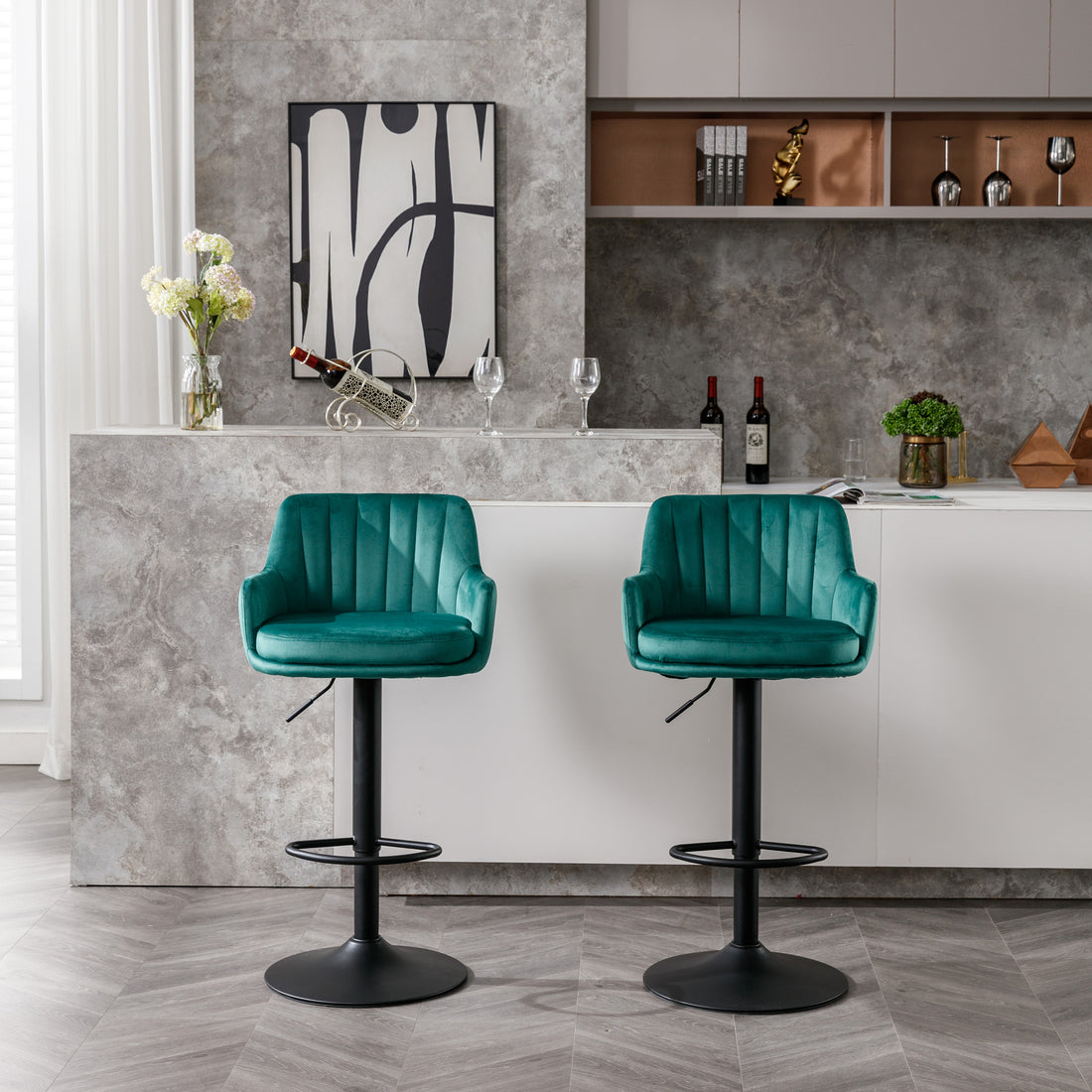 Bar Stools Set Of 2 Adjustable Barstools With Back And Footrest, Counter Height Bar Chairs For Kitchen, Pub Green Green Foam Fabric