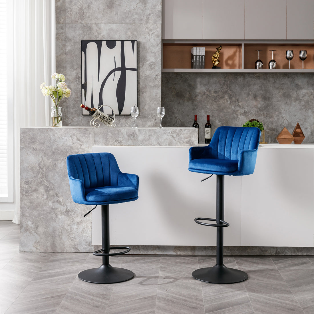 Bar Stools Set Of 2 Adjustable Barstools With Back And Footrest, Counter Height Bar Chairs For Kitchen, Pub Blue Blue Foam Fabric