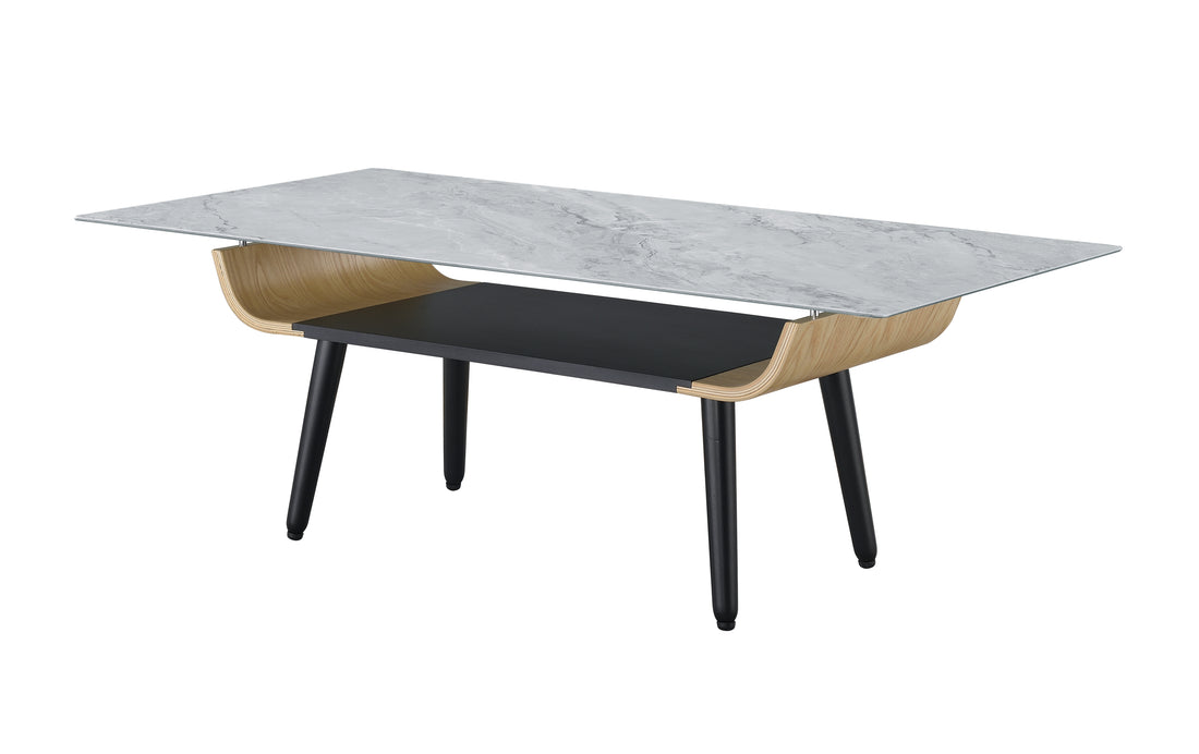 Landon 47" Coffee Table With Glass Gray Marble Texture Top And Bent Wood Design Gray Glass