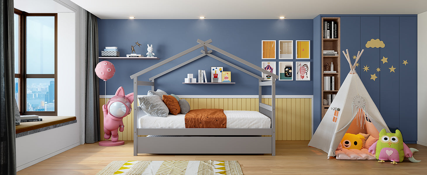 Full Size Wooden House Bed With Twin Size Trundle, Gray Gray Solid Wood