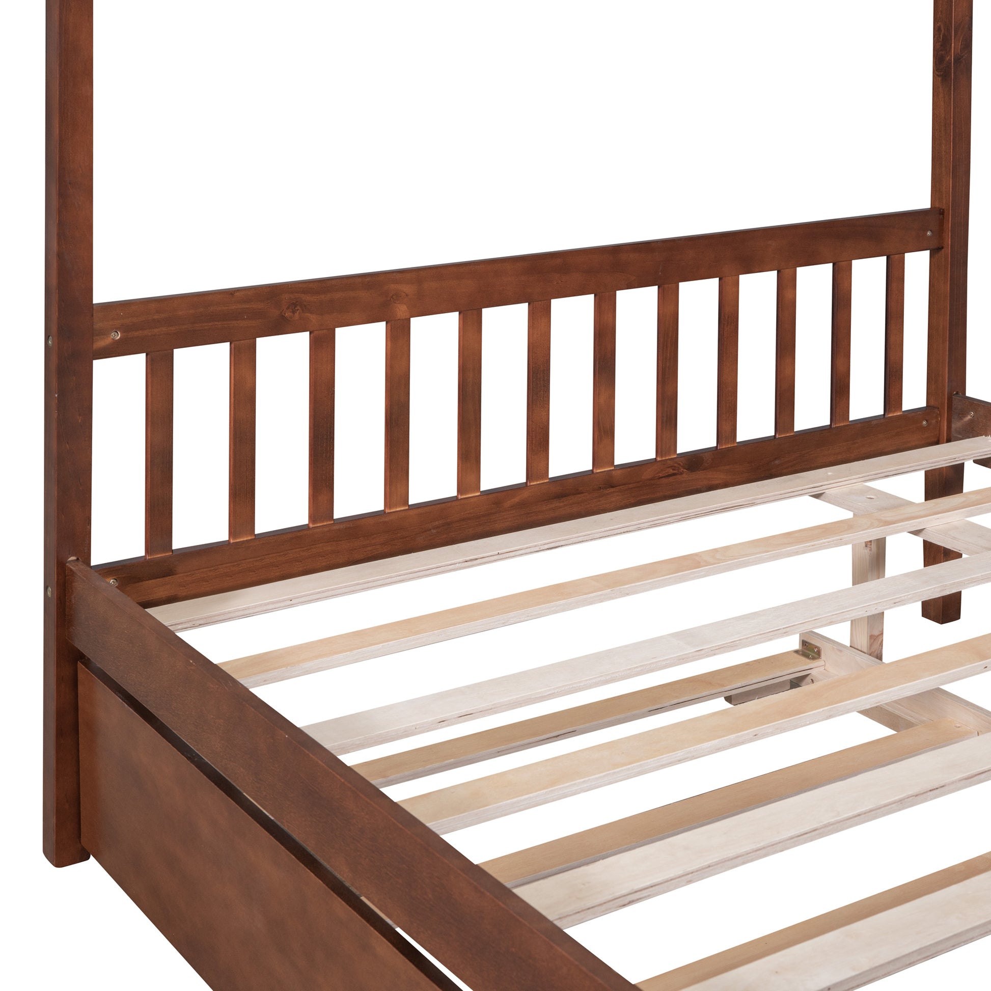Full Size Wooden House Bed With Twin Size Trundle, Walnut Walnut Solid Wood