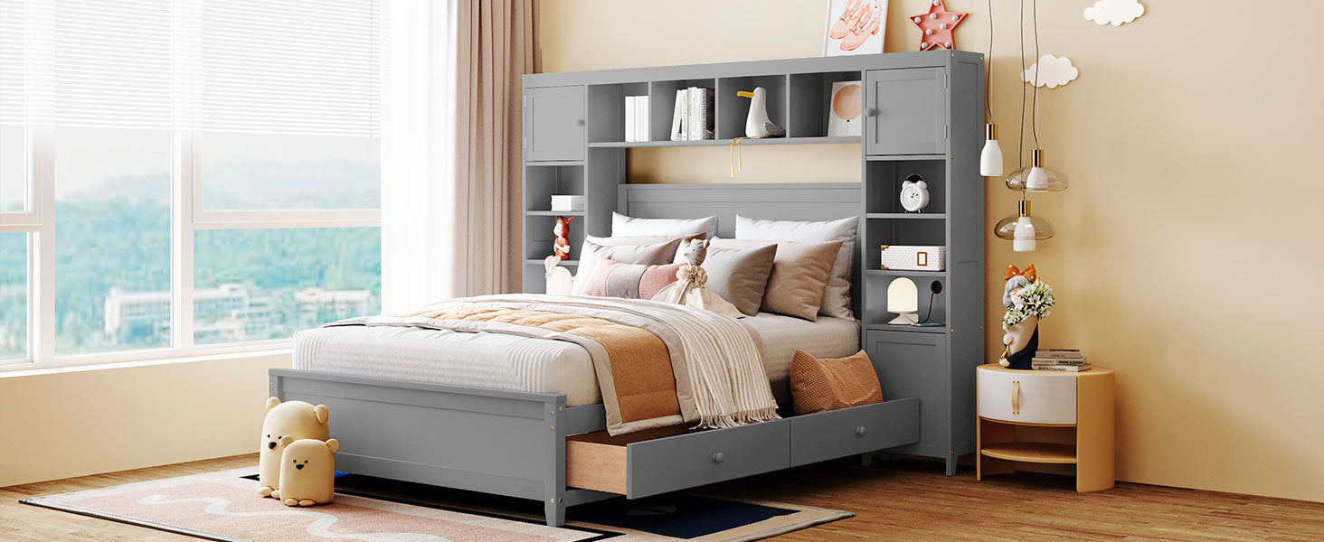 Full Size Wooden Bed With All In One Cabinet And Shelf, Gray Full Gray Solid Wood