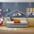Full Size Wooden House Bed With Twin Size Trundle, Gray Gray Solid Wood