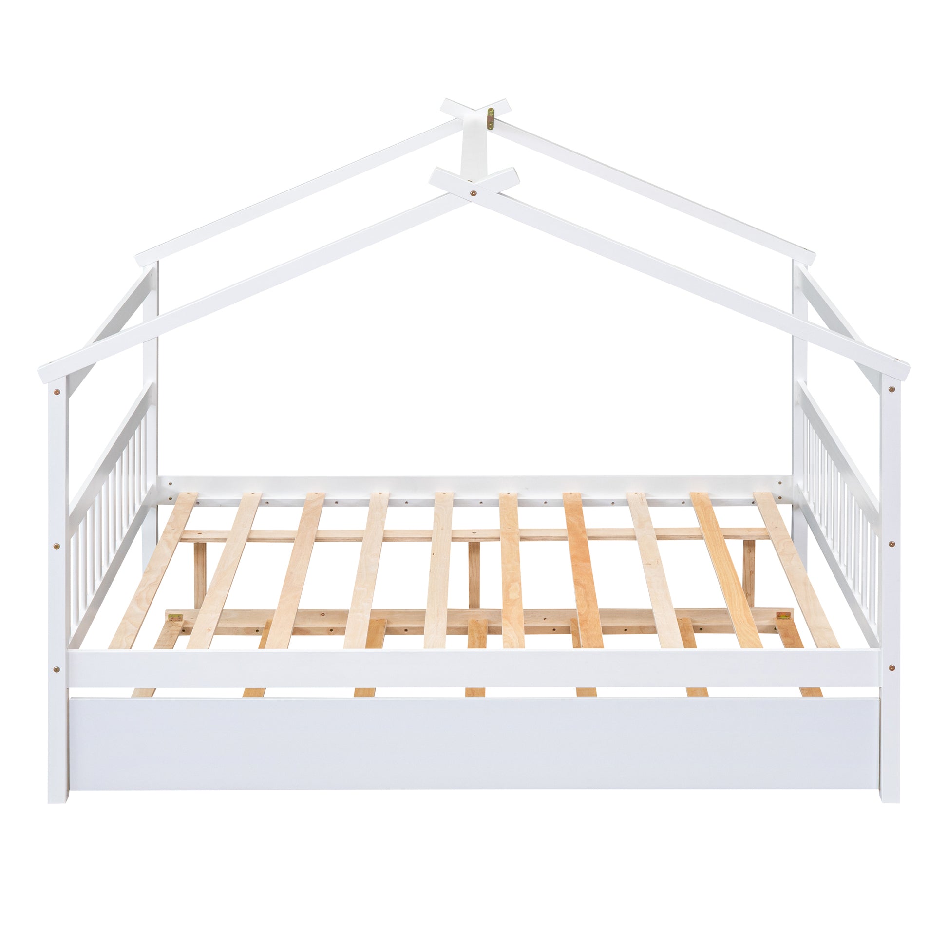 Full Size Wooden House Bed With Twin Size Trundle, White White Solid Wood