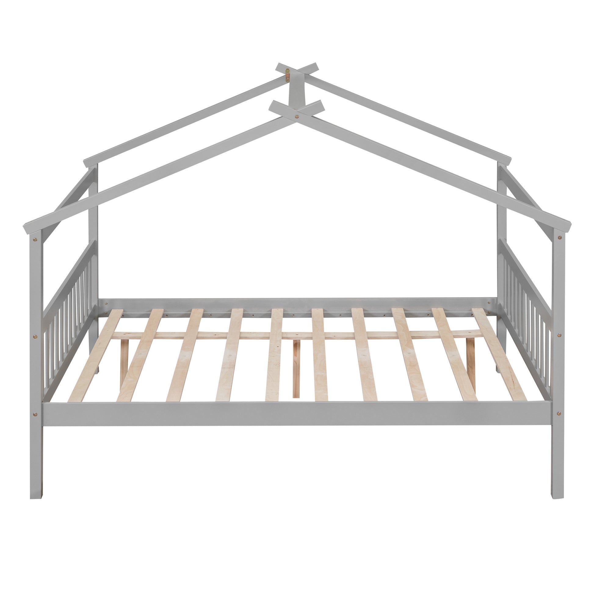 Full Size Wooden House Bed With Twin Size Trundle, Gray Gray Solid Wood