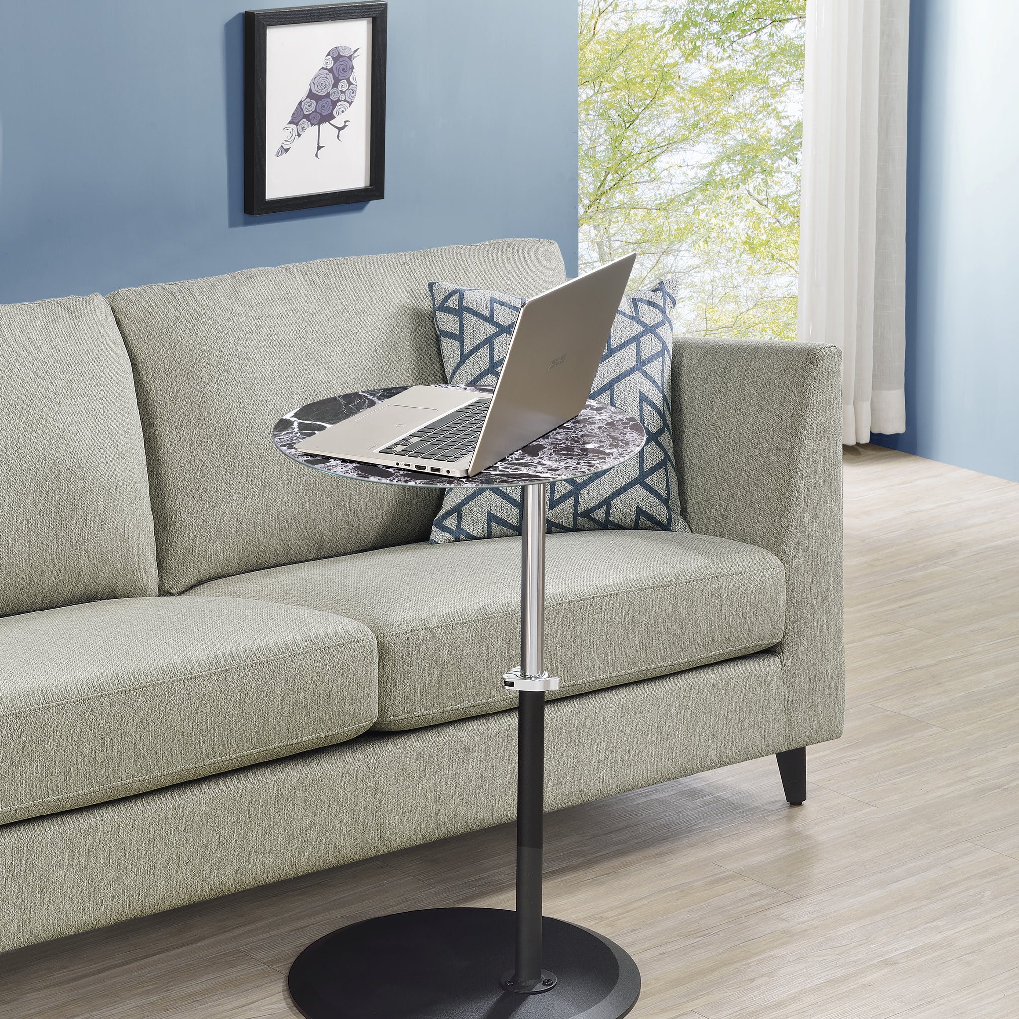 Orbit 15.5" End Table With Height Adjustable Black Marble Textured Top Black Glass