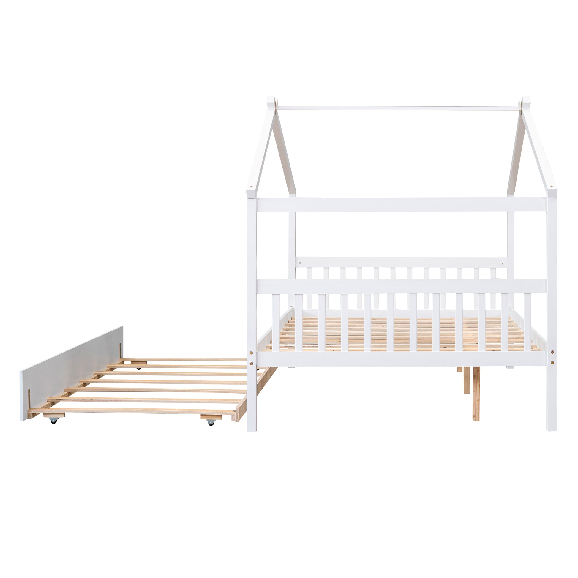 Full Size Wooden House Bed With Twin Size Trundle, White White Solid Wood