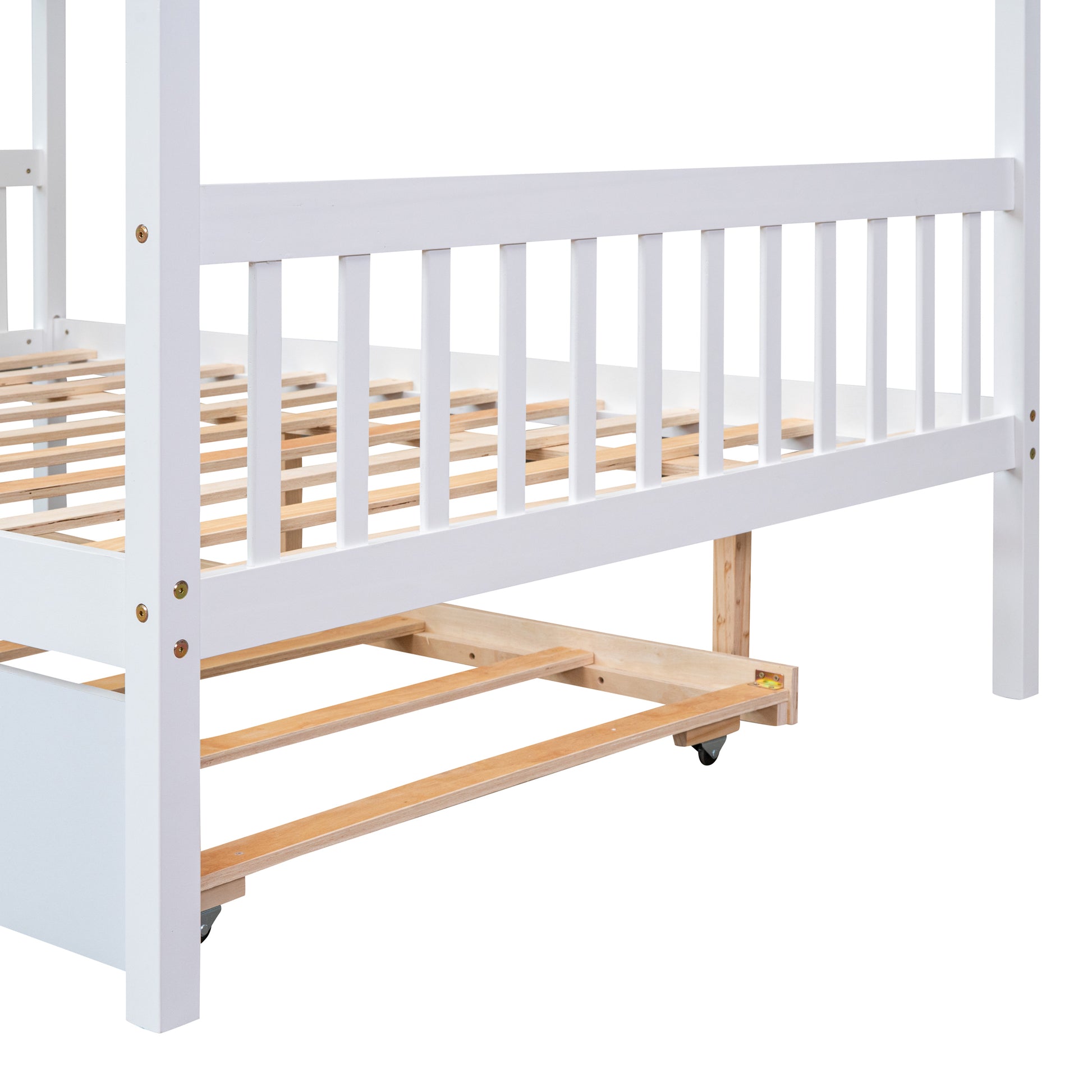 Full Size Wooden House Bed With Twin Size Trundle, White White Solid Wood