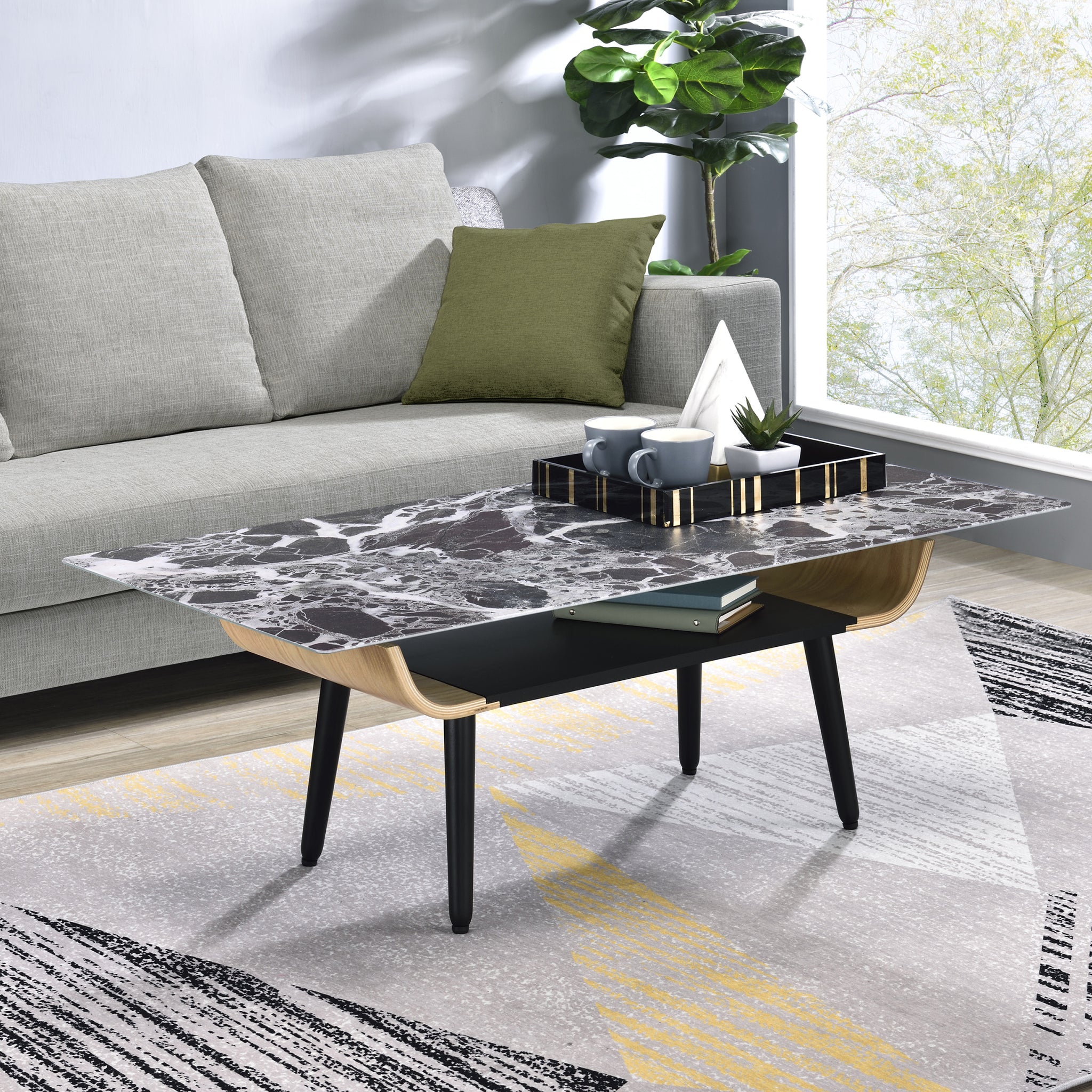 Landon 47" Coffee Table With Glass Black Marble Texture Top And Bent Wood Design Black Glass