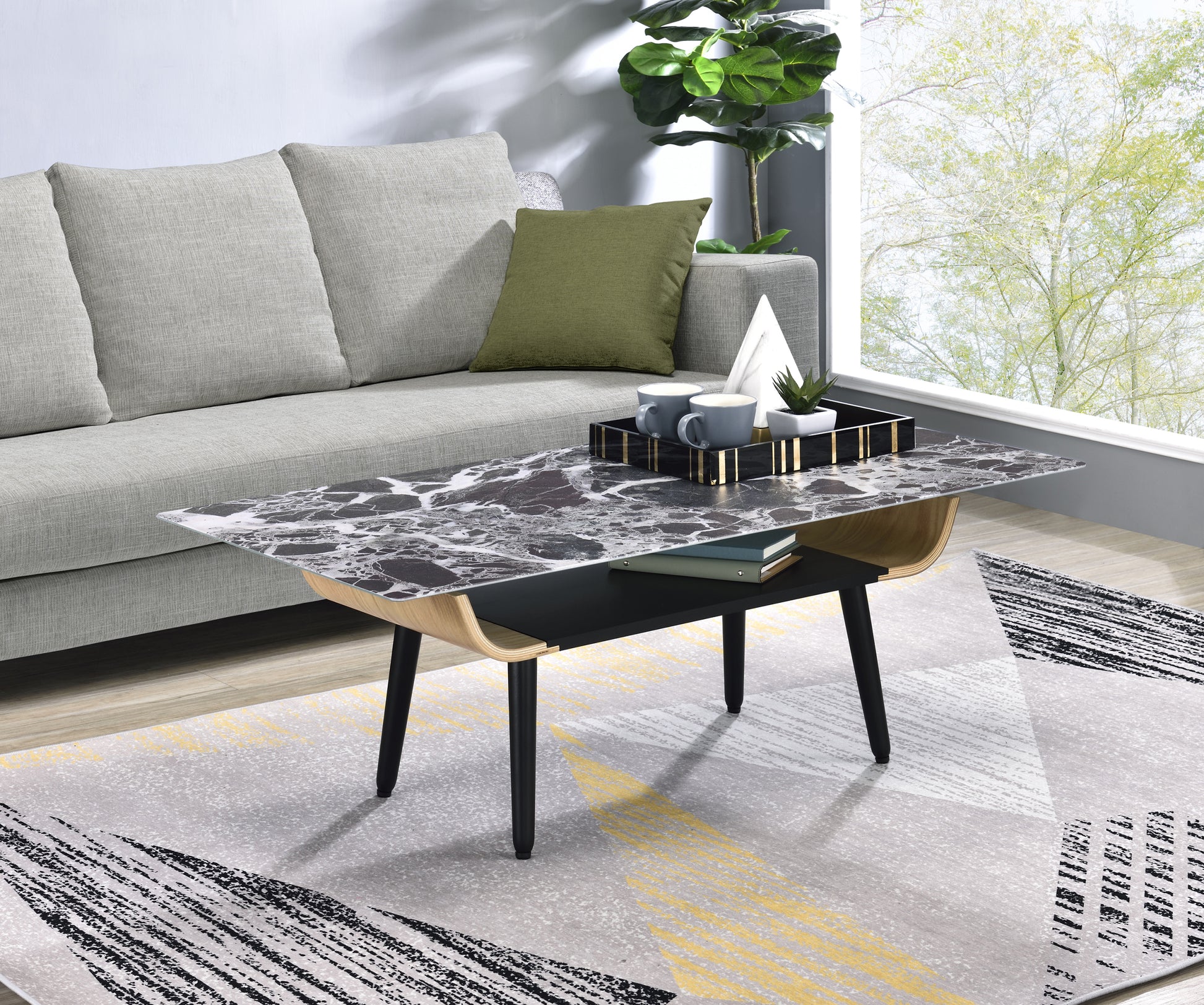 Landon 47" Coffee Table With Glass Black Marble Texture Top And Bent Wood Design Black Glass