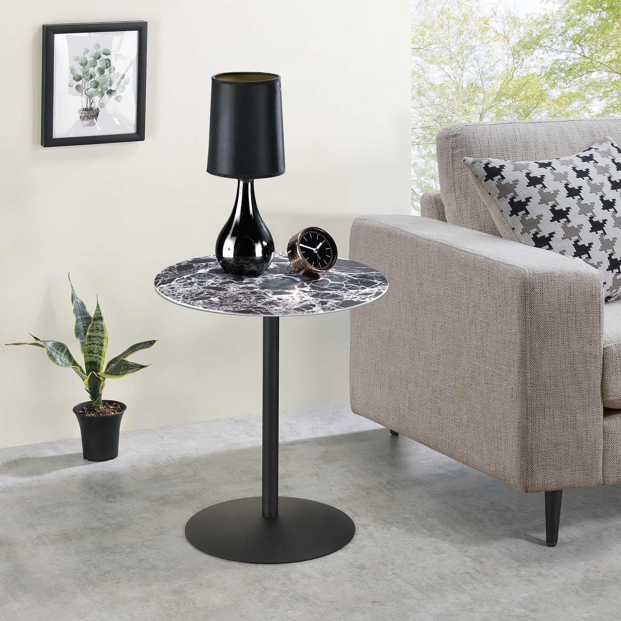 Circa 17.5" End Table With Black Marble Textured Top Black Glass