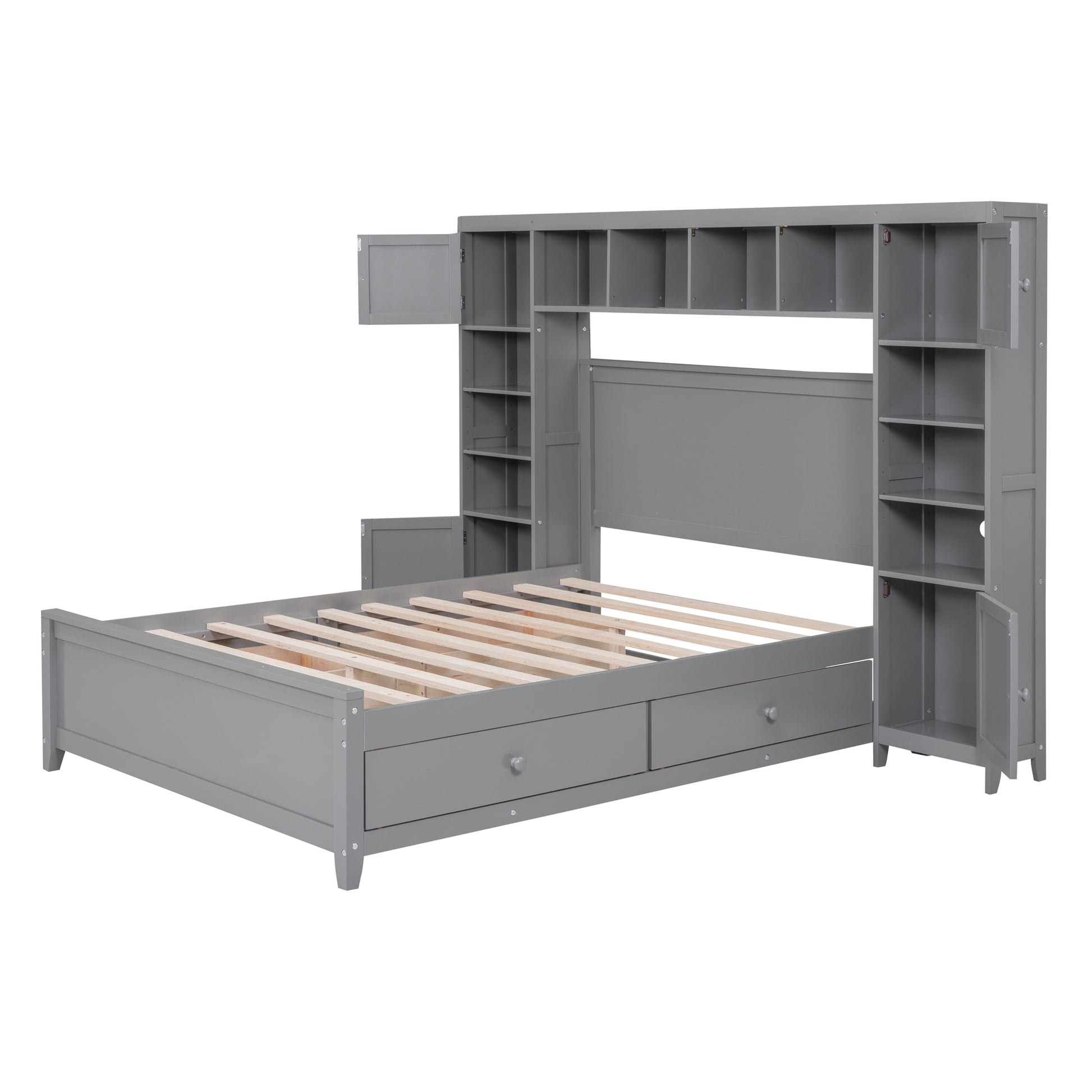 Full Size Wooden Bed With All In One Cabinet And Shelf, Gray Full Gray Solid Wood