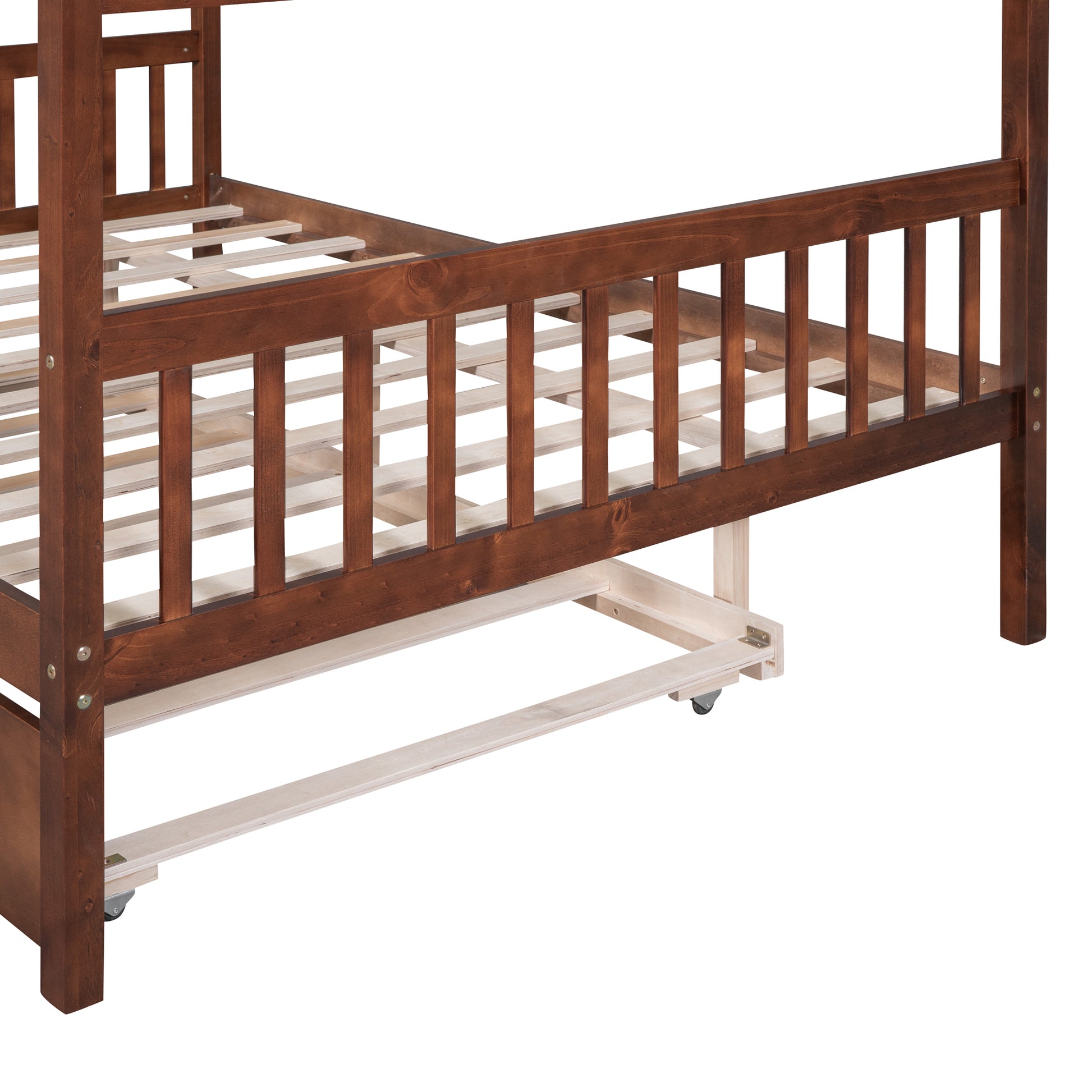 Full Size Wooden House Bed With Twin Size Trundle, Walnut Walnut Solid Wood