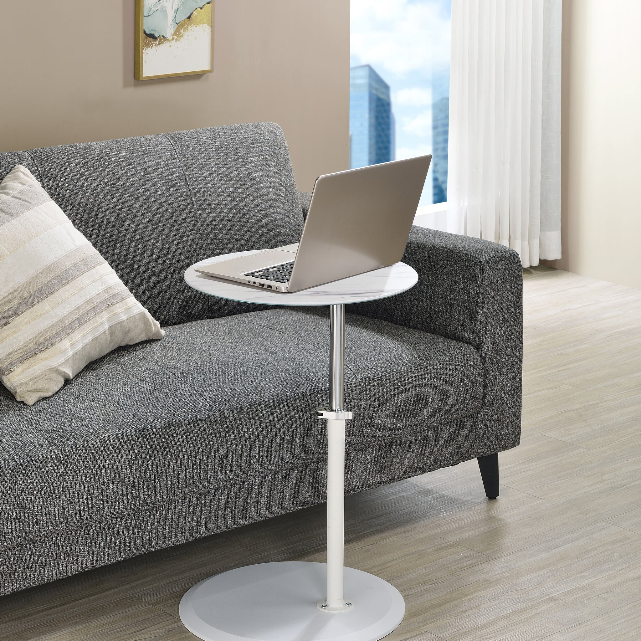 Orbit 15.5" End Table With Height Adjustable White Marble Textured Top White Glass