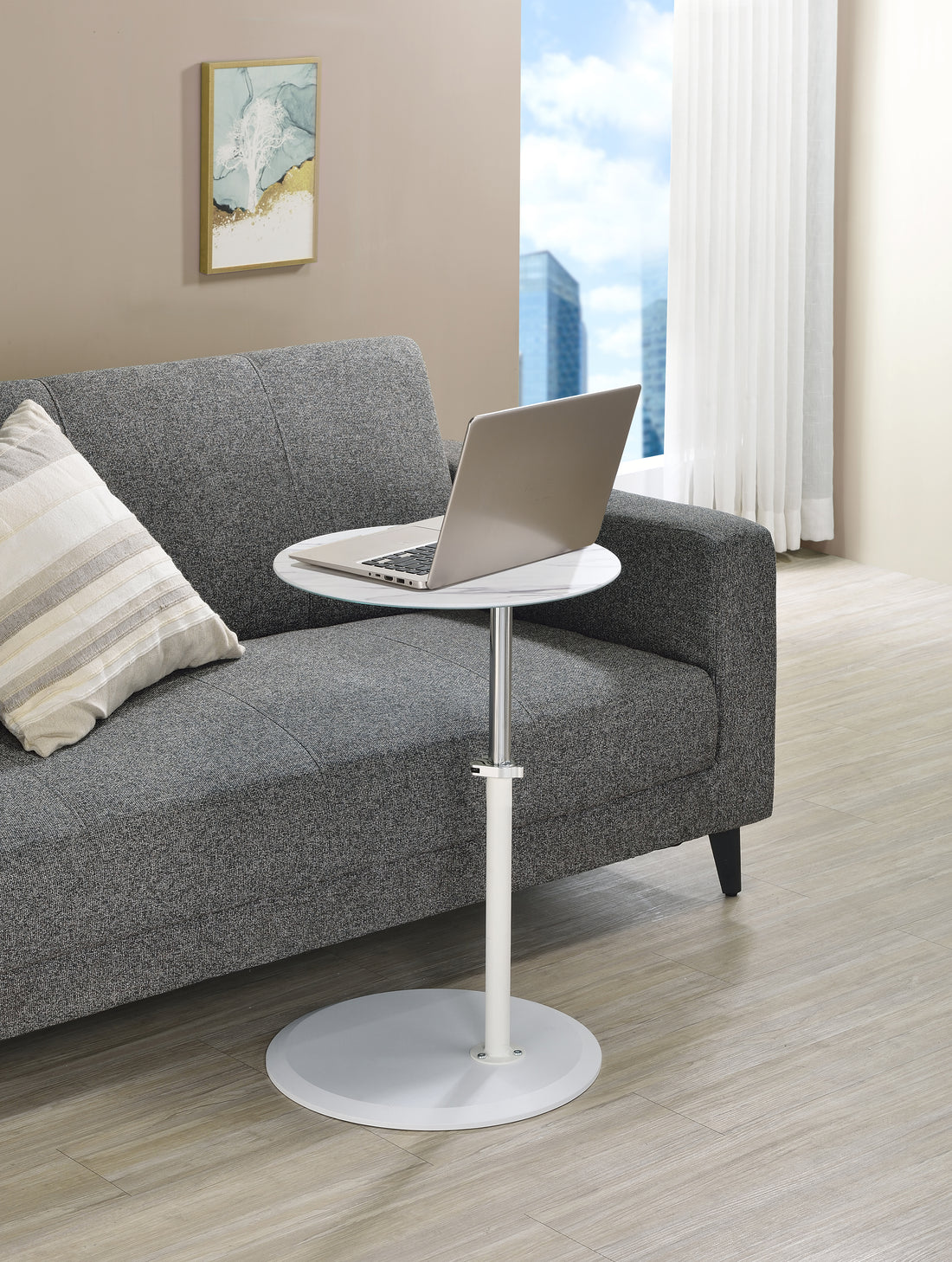 Orbit 15.5" End Table With Height Adjustable White Marble Textured Top White Glass