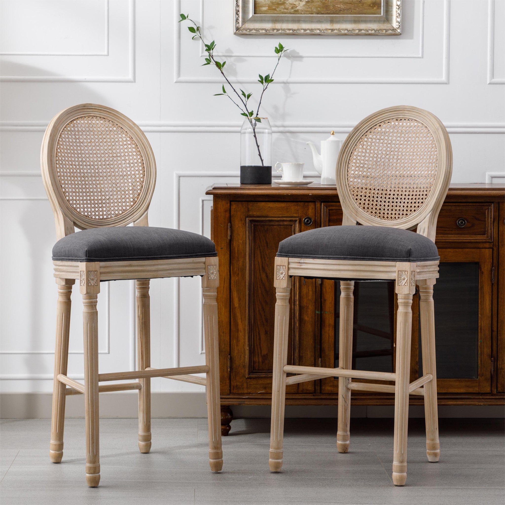 French Country Wooden Barstools Rattan Back With Upholstered Seatingdark Grey Set Of 2 Antique Dark Grey Fabric Solid Wood Mdf