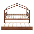Full Size Wooden House Bed With Twin Size Trundle, Walnut Walnut Solid Wood