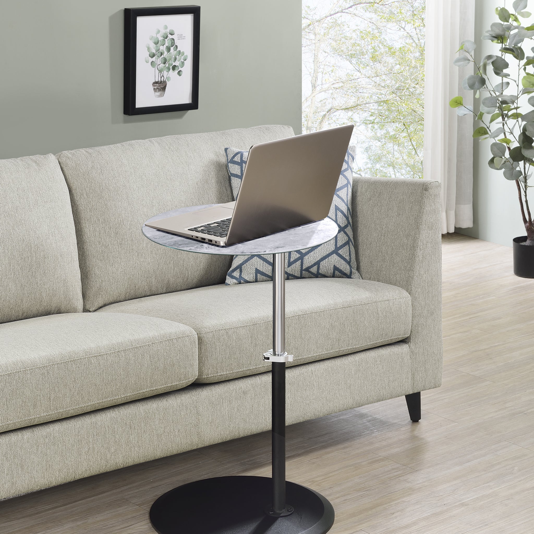 Orbit 15.5" End Table With Height Adjustable Gray Marble Textured Top Gray Glass