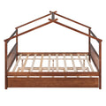 Full Size Wooden House Bed With Twin Size Trundle, Walnut Walnut Solid Wood