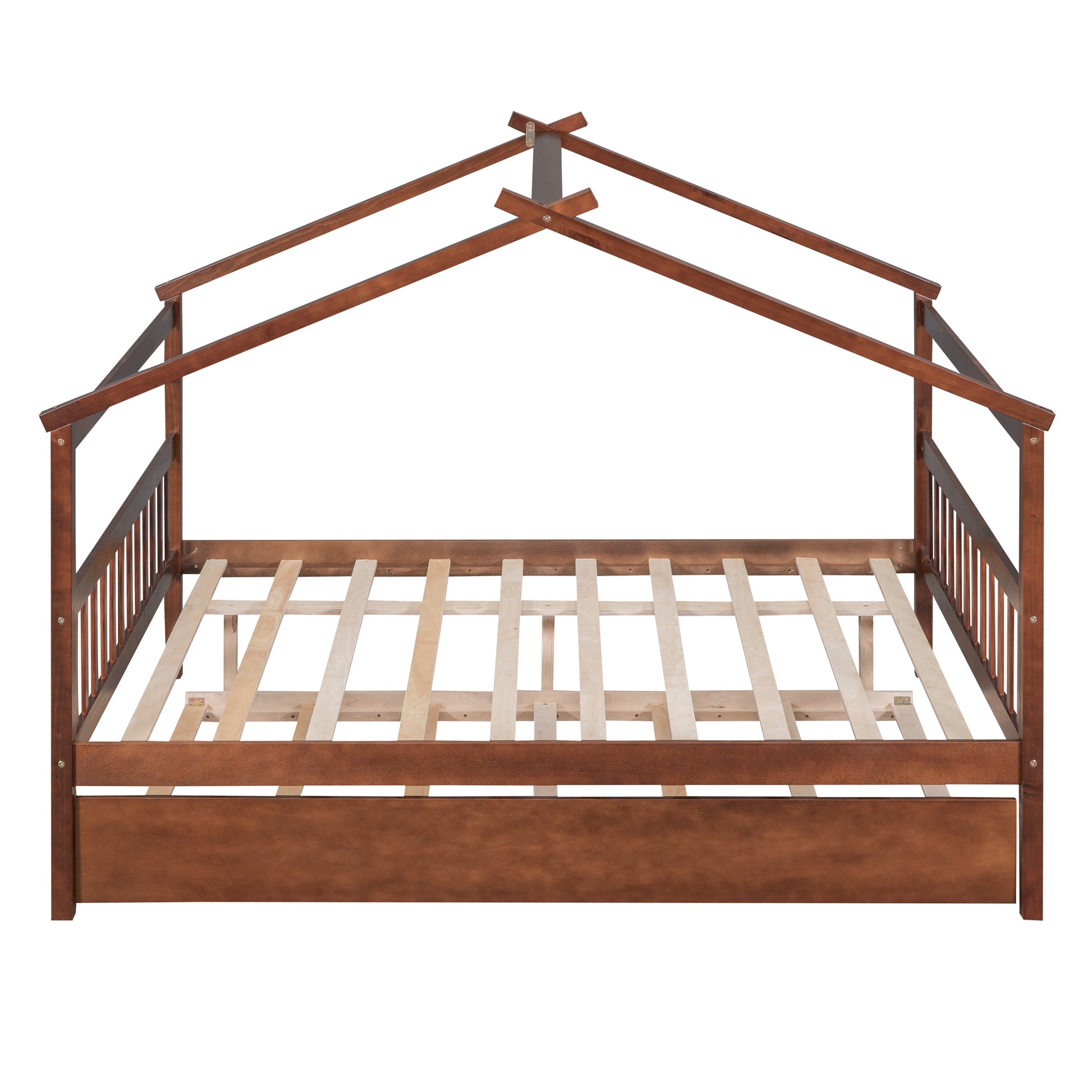 Full Size Wooden House Bed With Twin Size Trundle, Walnut Walnut Solid Wood
