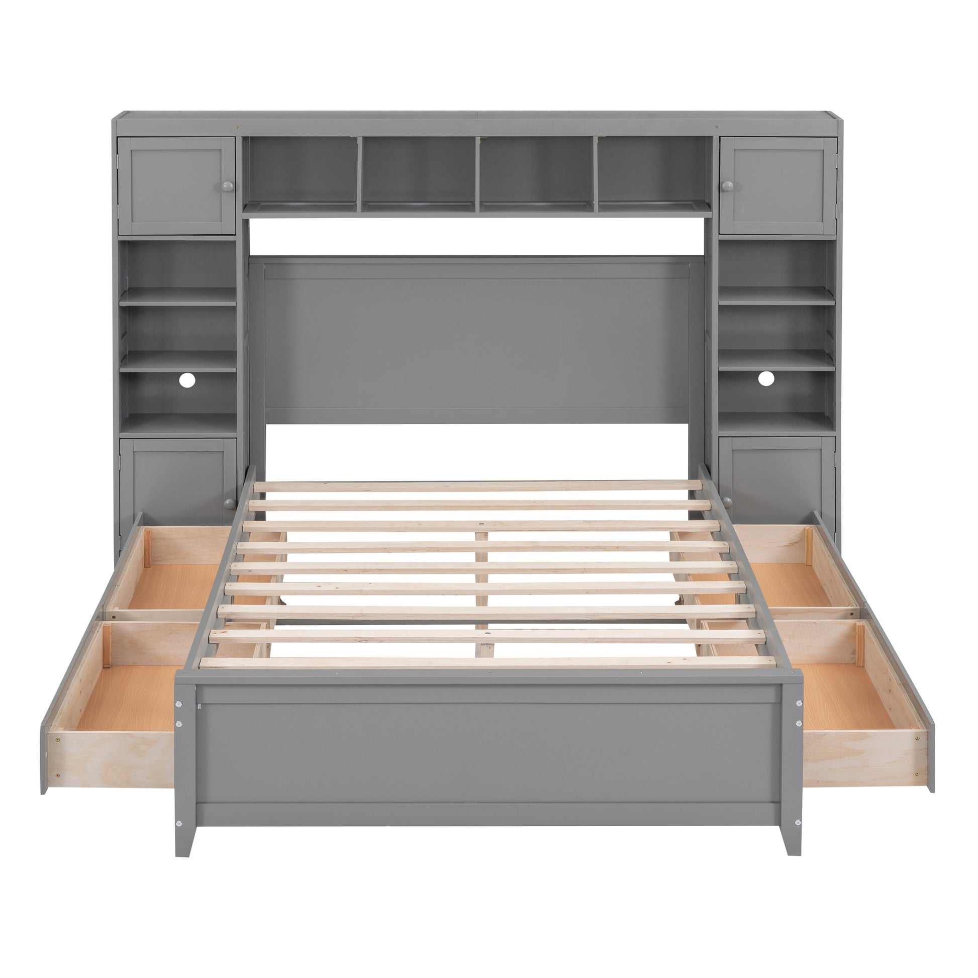 Full Size Wooden Bed With All In One Cabinet And Shelf, Gray Full Gray Solid Wood
