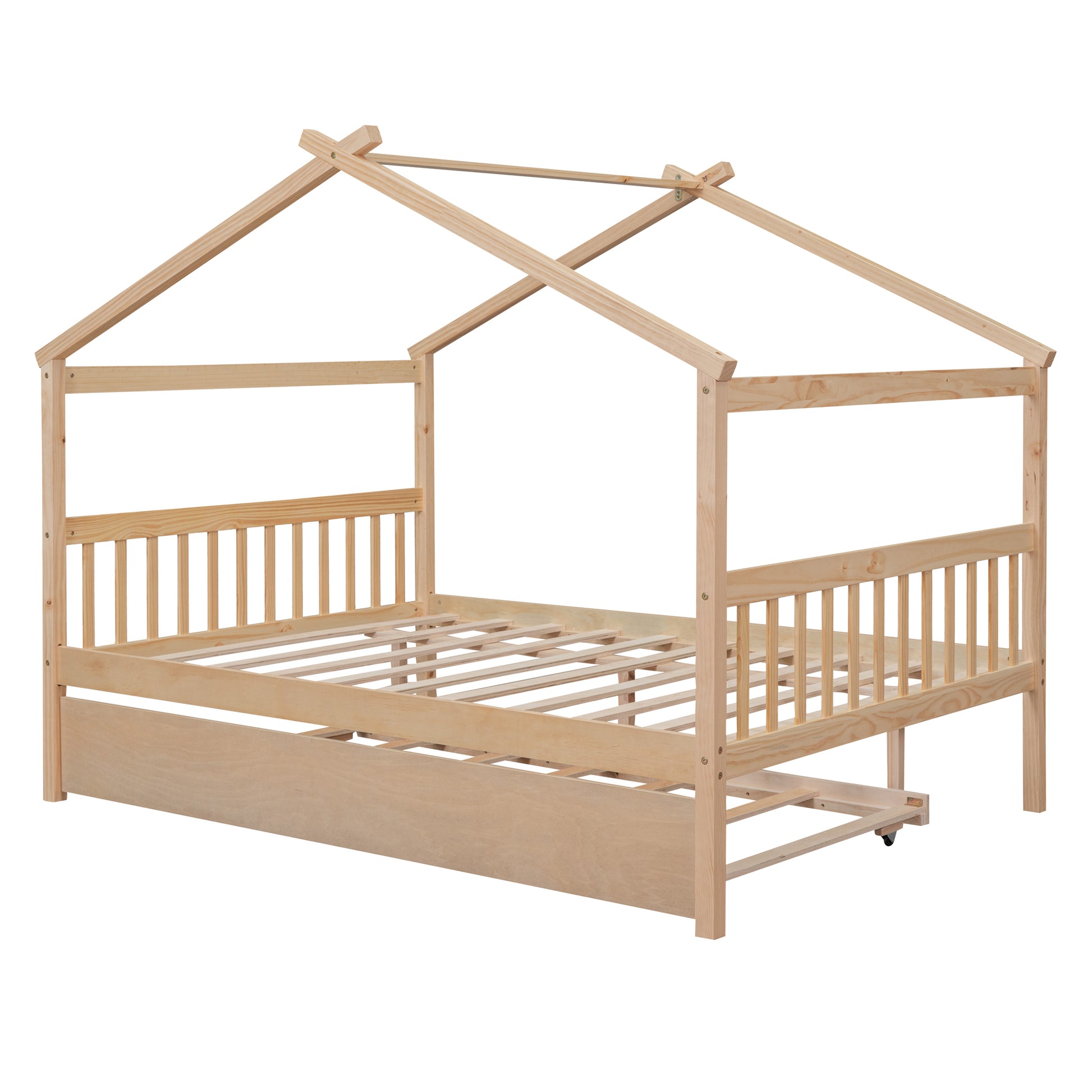 Full Size Wooden House Bed With Twin Size Trundle, Natural Natural Solid Wood