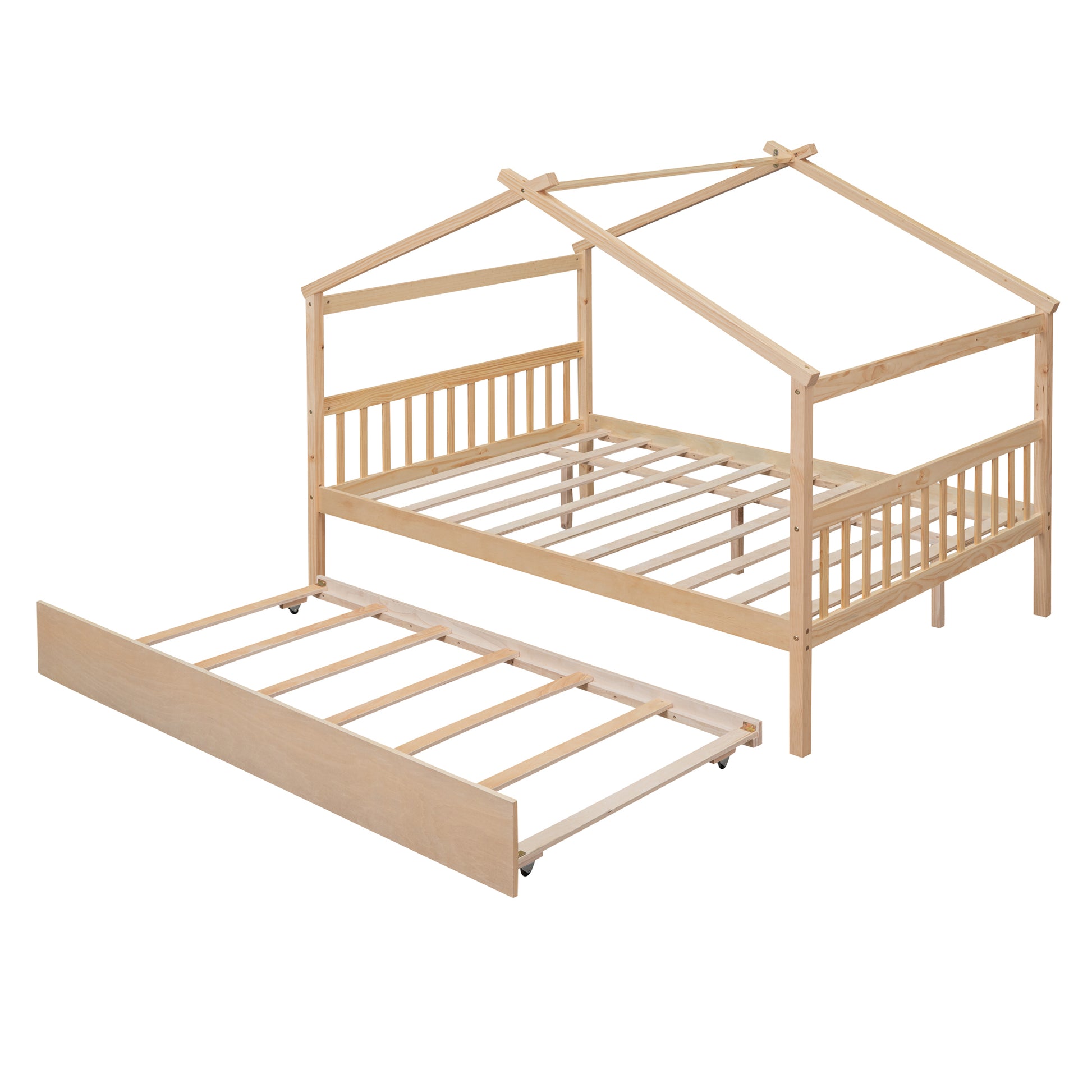 Full Size Wooden House Bed With Twin Size Trundle, Natural Natural Solid Wood