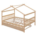 Full Size Wooden House Bed With Twin Size Trundle, Natural Natural Solid Wood
