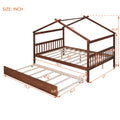 Full Size Wooden House Bed With Twin Size Trundle, Walnut Walnut Solid Wood