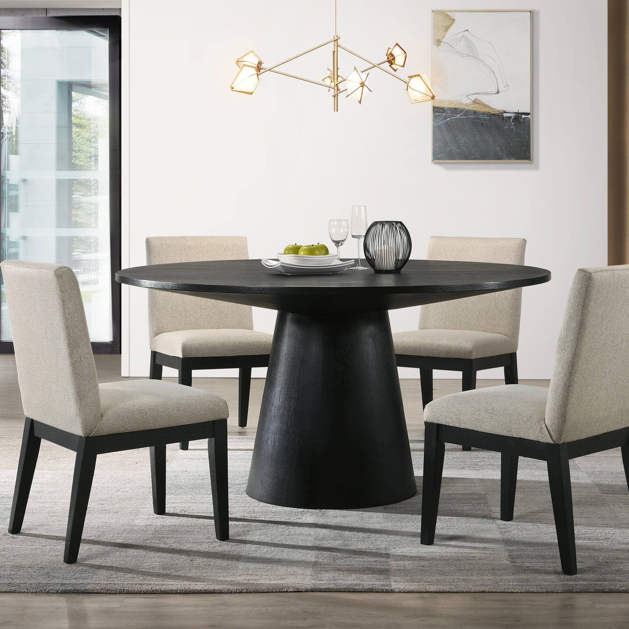 Jasper Ebony Black 5 Piece 59" Wide Contemporary Round Dining Table Set With Beige Fabric Chairs Walnut Solid Wood Mdf