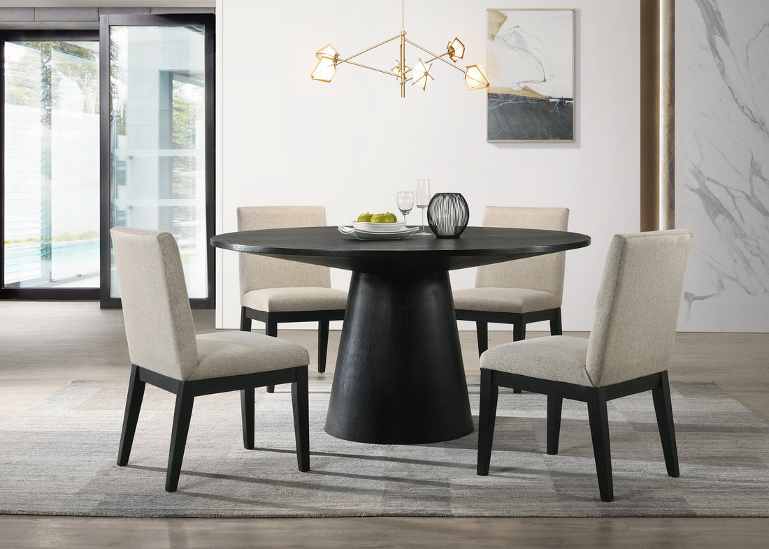 Jasper Ebony Black 5 Piece 59" Wide Contemporary Round Dining Table Set With Beige Fabric Chairs Walnut Solid Wood Mdf