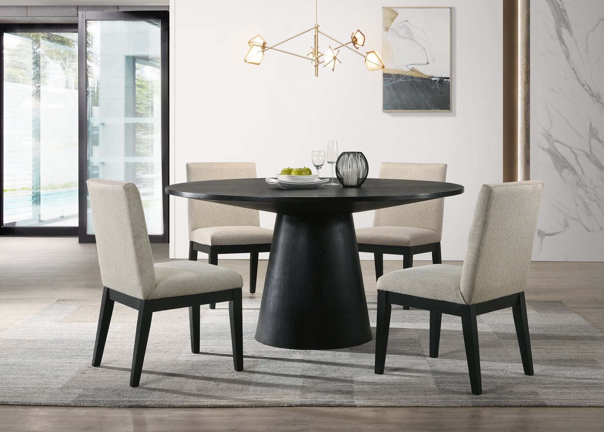 Jasper Ebony Black 5 Piece 59" Wide Contemporary Round Dining Table Set With Beige Fabric Chairs Walnut Solid Wood Mdf
