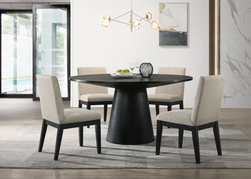 Jasper Ebony Black 5 Piece 59" Wide Contemporary Round Dining Table Set With Beige Fabric Chairs Walnut Solid Wood Mdf