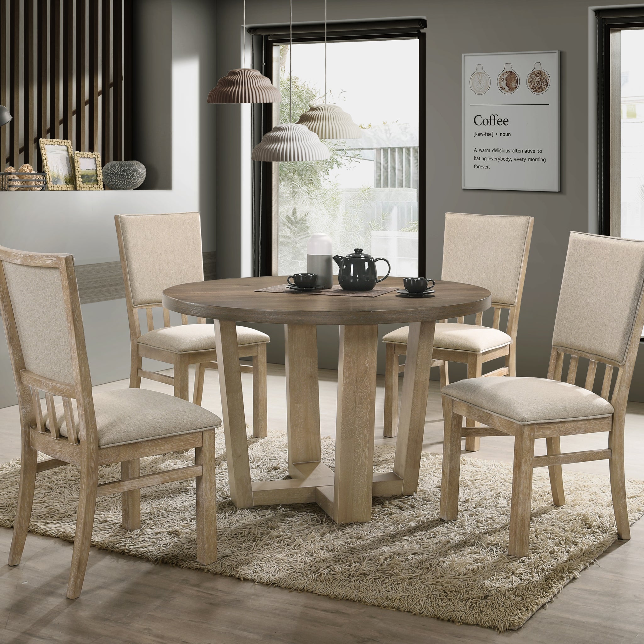 Brutus Vintage Walnut 5 Piece 47" Wide Contemporary Round Dining Table Set With Wheat Colored Fabric Chairs Walnut Solid Wood Mdf