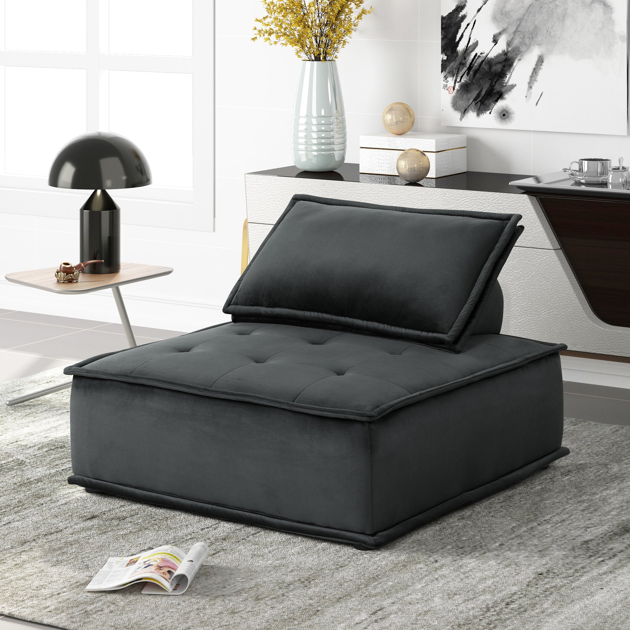 Anna 40" Black Velvet Armless Lounge Chair Black Velvet