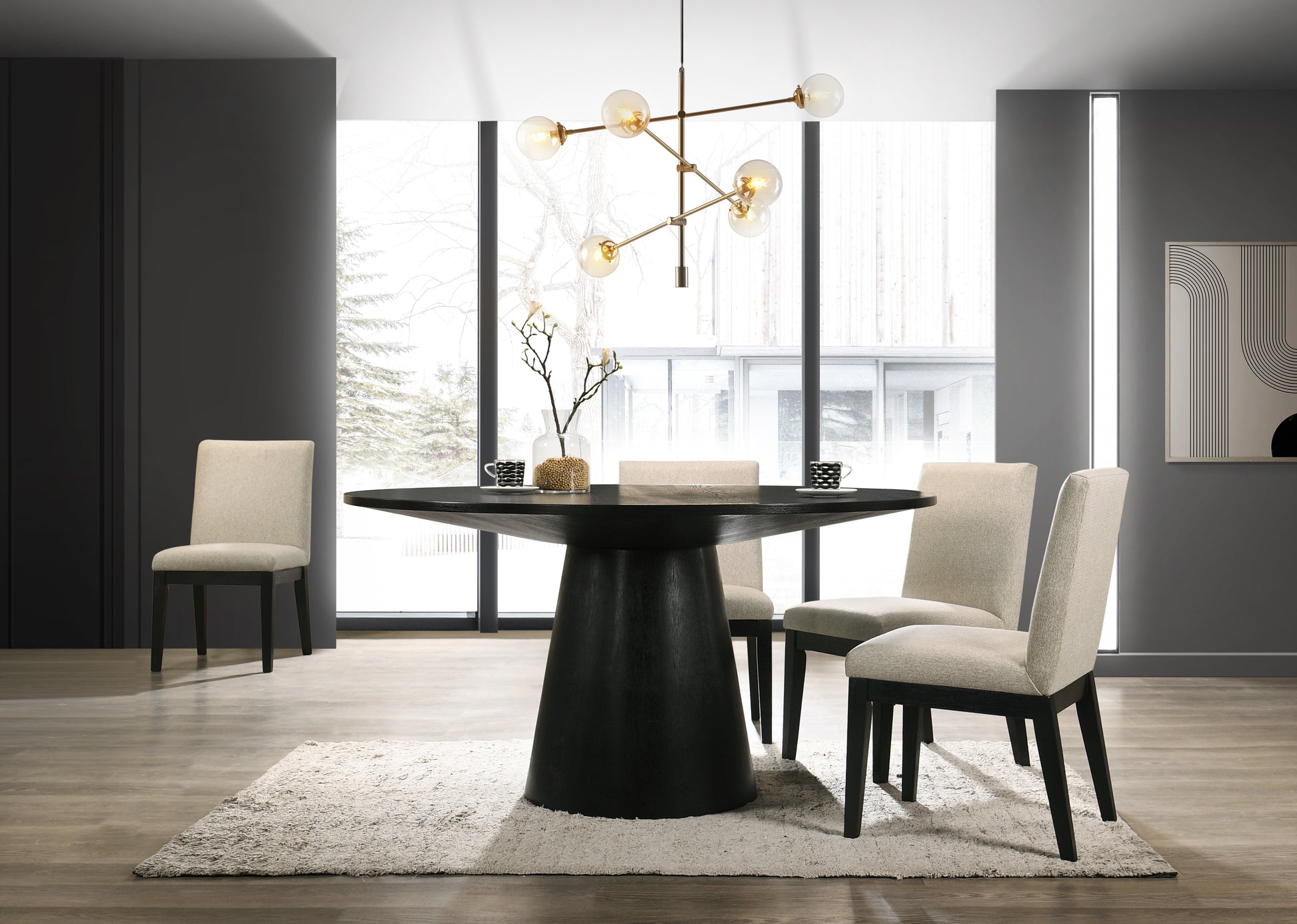 Jasper Ebony Black 5 Piece 59" Wide Contemporary Round Dining Table Set With Beige Fabric Chairs Walnut Solid Wood Mdf