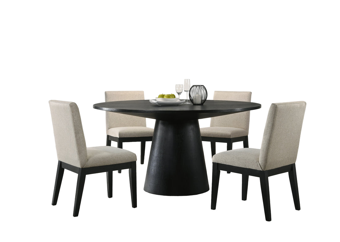 Jasper Ebony Black 5 Piece 59" Wide Contemporary Round Dining Table Set With Beige Fabric Chairs Walnut Solid Wood Mdf