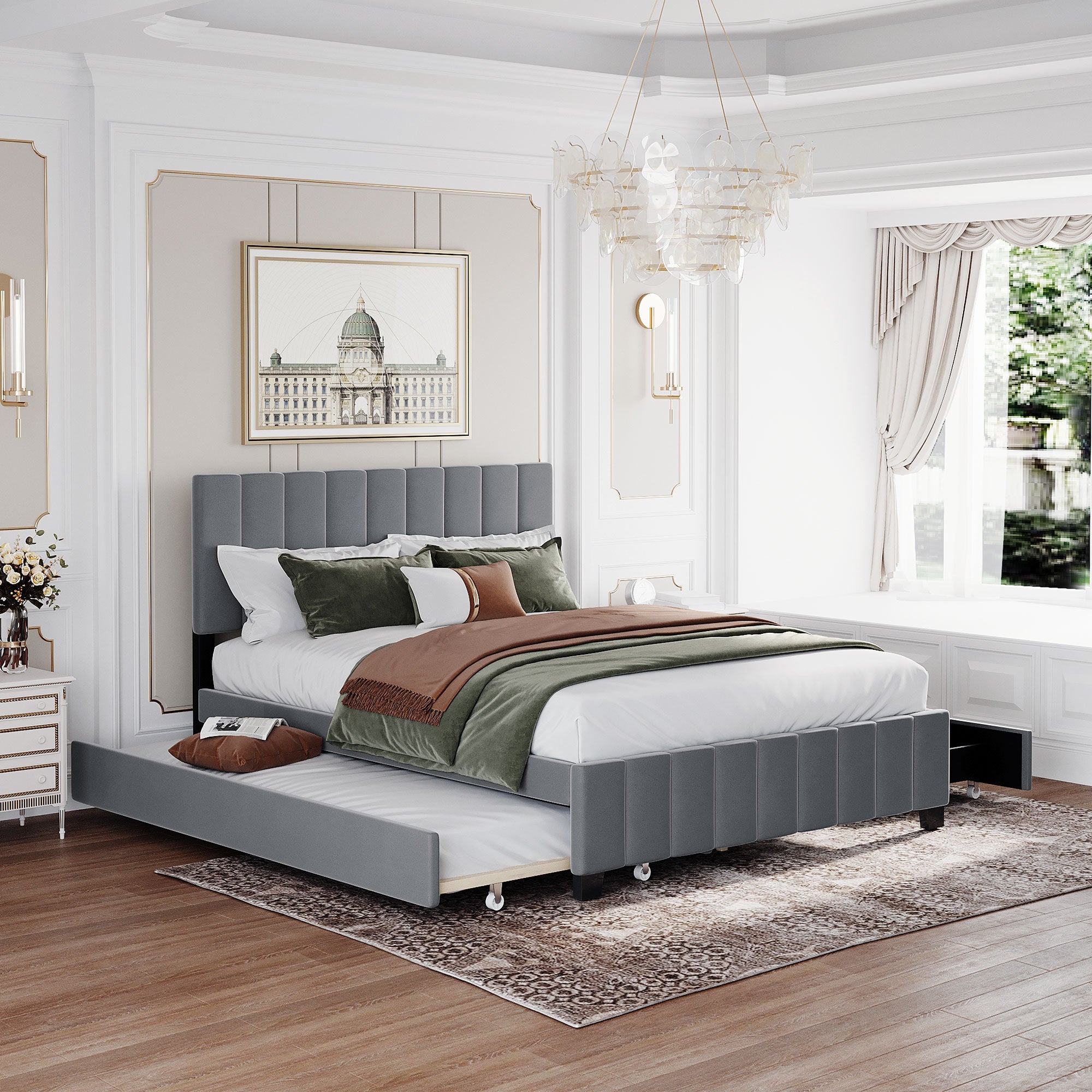 Queen Size Velvet Upholstered Platform Bed With 2 Drawers And 1 Twin Xl Trundle Gray Gray Upholstered