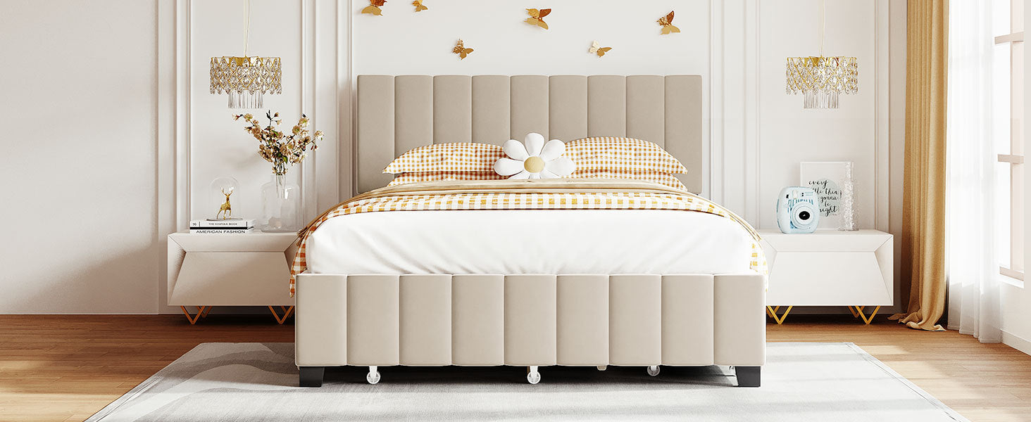 Queen Size Velvet Upholstered Platform Bed With 2 Drawers And 1 Twin Xl Trundle Beige Beige Upholstered
