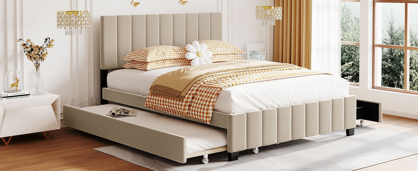Queen Size Velvet Upholstered Platform Bed With 2 Drawers And 1 Twin Xl Trundle Beige Beige Upholstered
