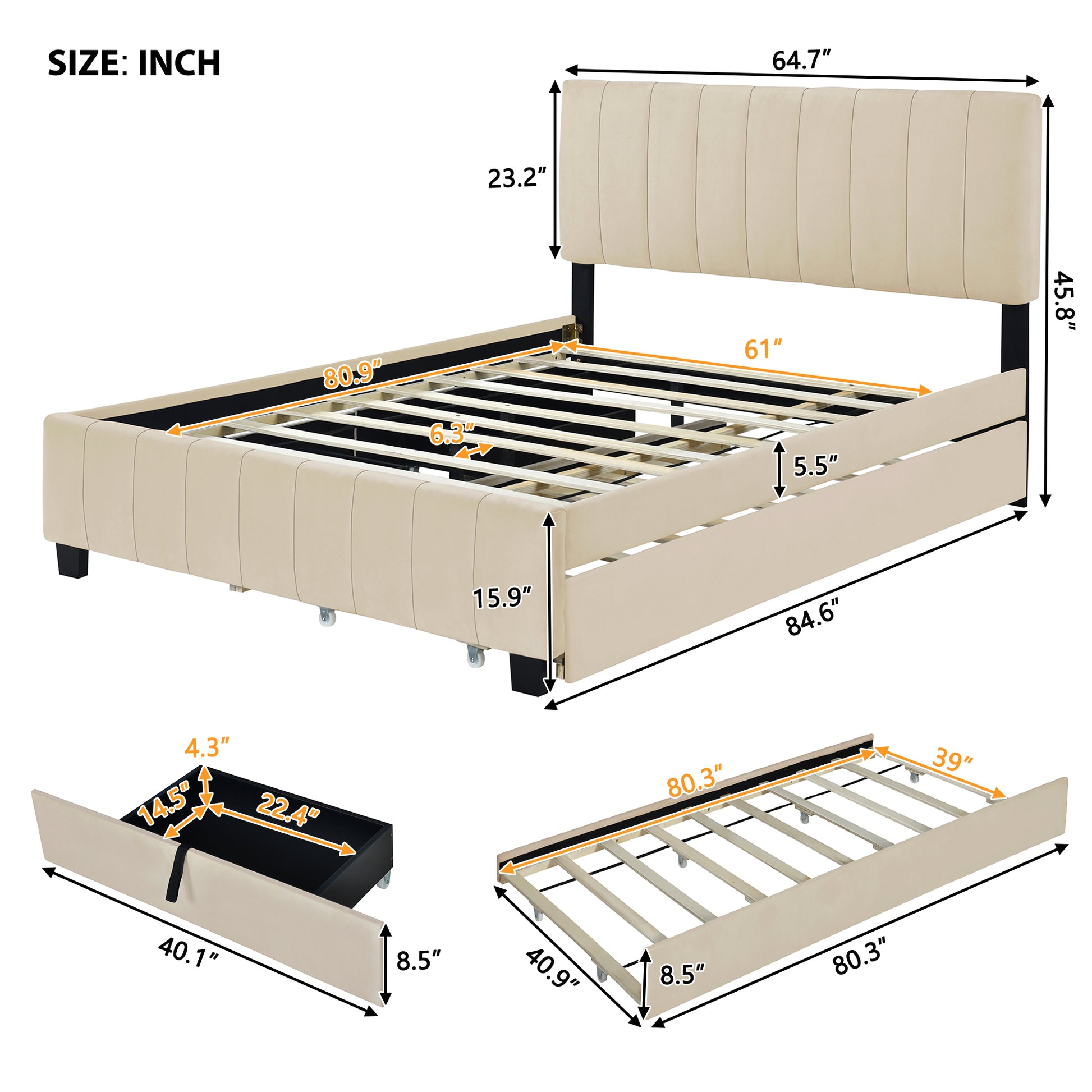 Queen Size Velvet Upholstered Platform Bed With 2 Drawers And 1 Twin Xl Trundle Beige Beige Upholstered